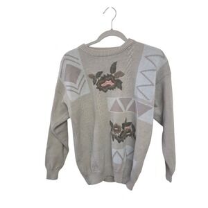 Vintage 90s Faralee Beige Floral Geometric Knit Sweater Size Medium‎ Long Sleeve